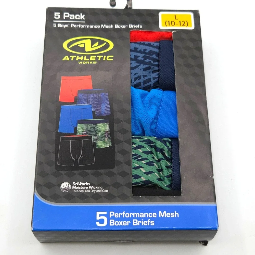 Athletic Works Boy's Performance Boxer Briefs 5 Pack Size L 10/12 Moisture‎ Wick